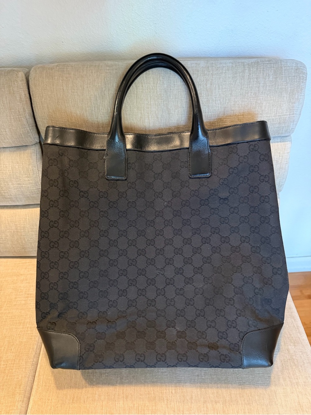 Gucci Vintage GG Canvas Black Tote 33889 1669 - Made in Italy - Leather Trim